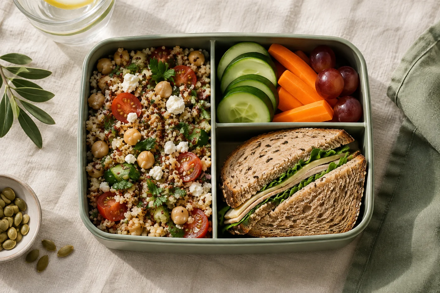 A packed lunch with grain salad, vegetables, and a sandwich